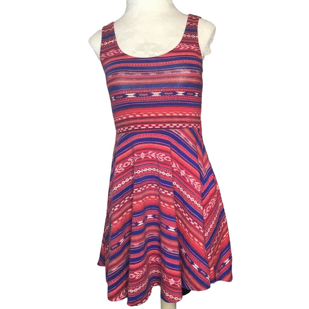 Forever 21 Dress S Fit & Flare Red White Blue Sleeveless Aztec Design Round Neck